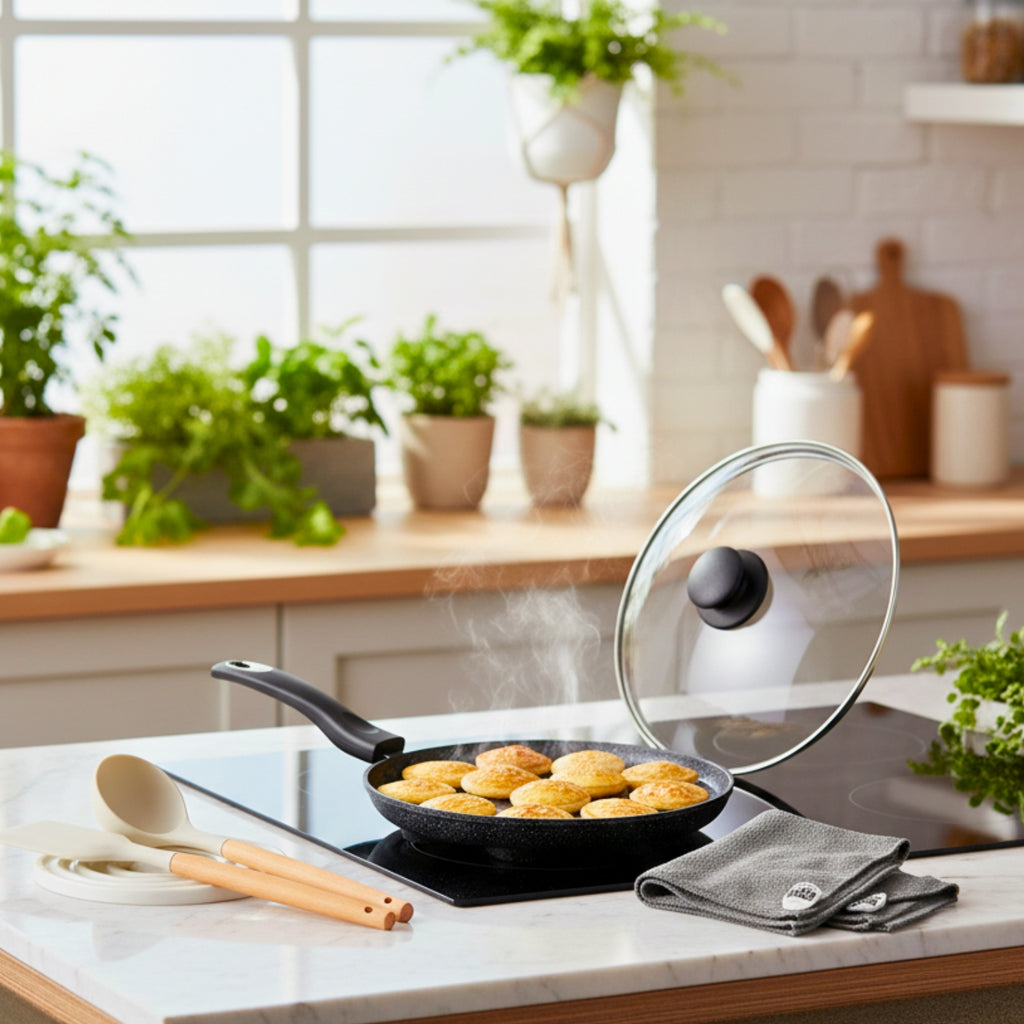 Appe Pan with Glass Lid + 3 Pcs Silicon Spatula Set + Microfiber Cloth