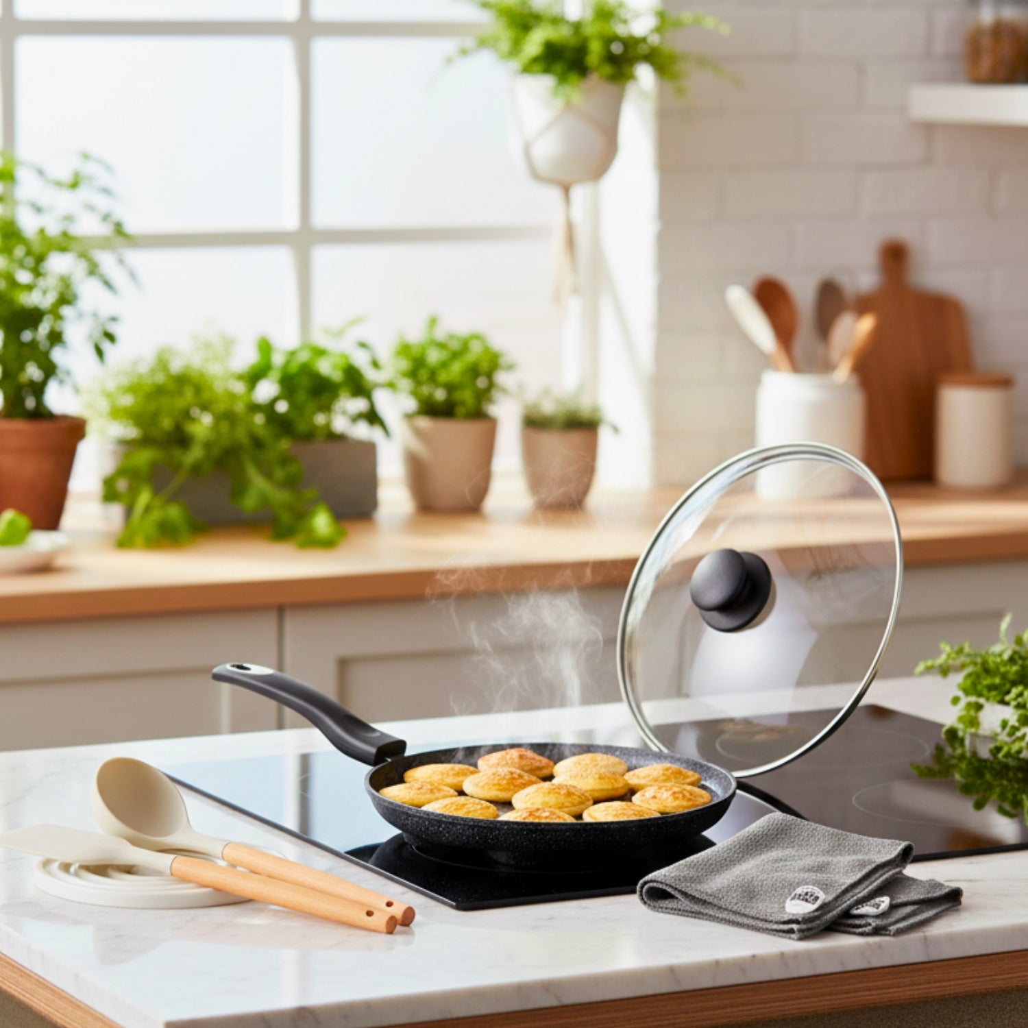 Appe Pan with Glass Lid + 3 Pcs Silicon Spatula Set + Microfiber Cloth