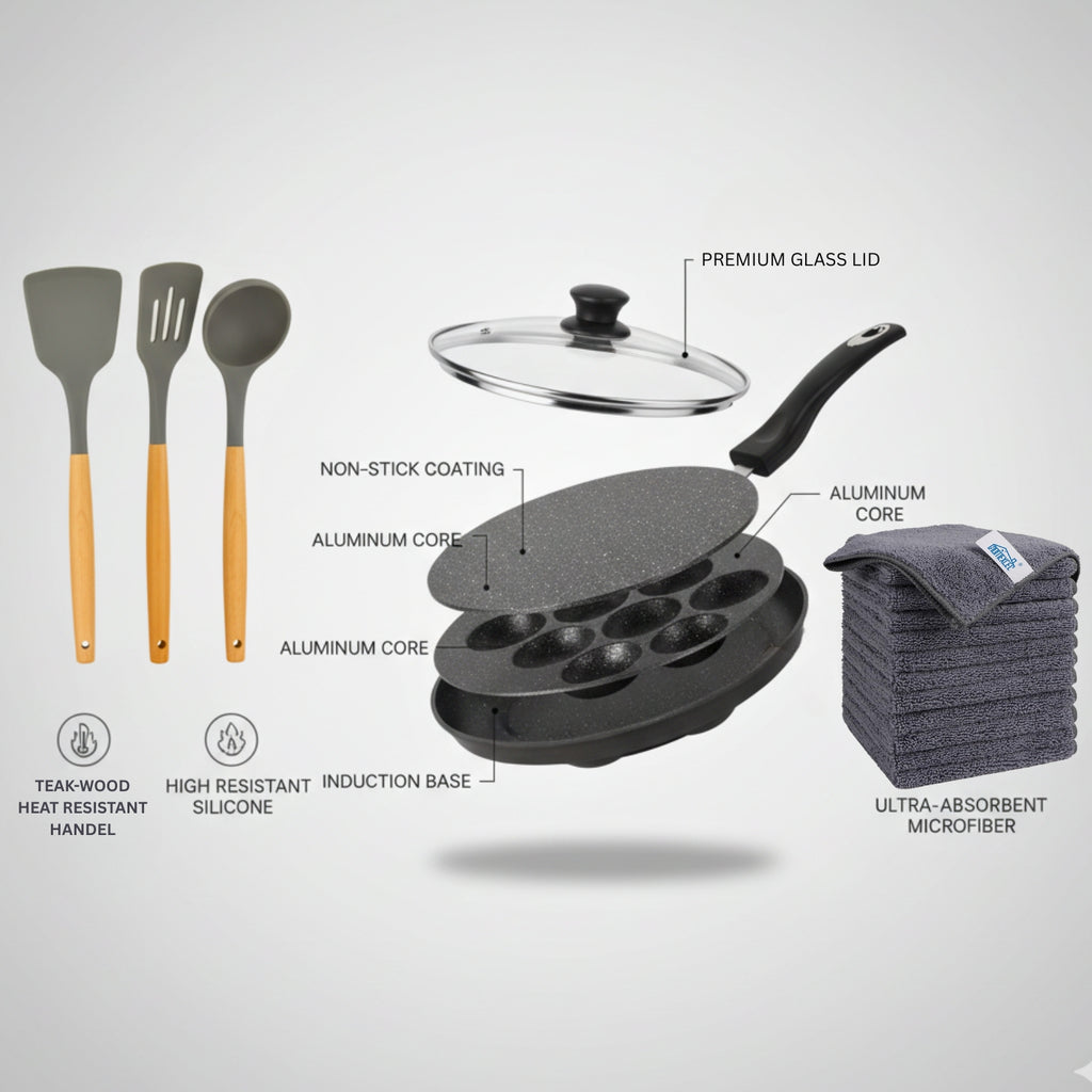 Appe Pan with Glass Lid + 3 Pcs Silicon Spatula Set + Microfiber Cloth