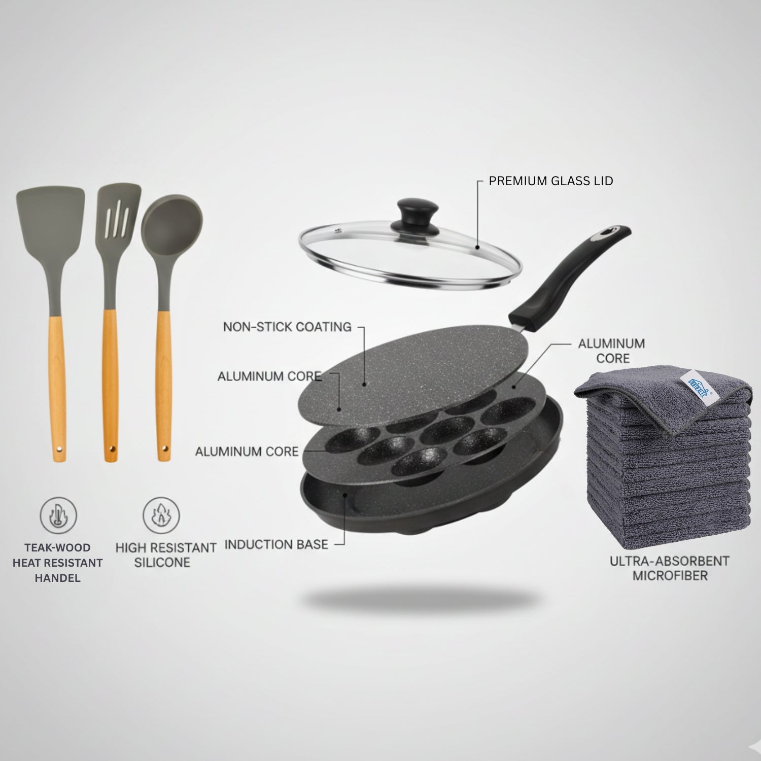 Appe Pan with Glass Lid + 3 Pcs Silicon Spatula Set + Microfiber Cloth