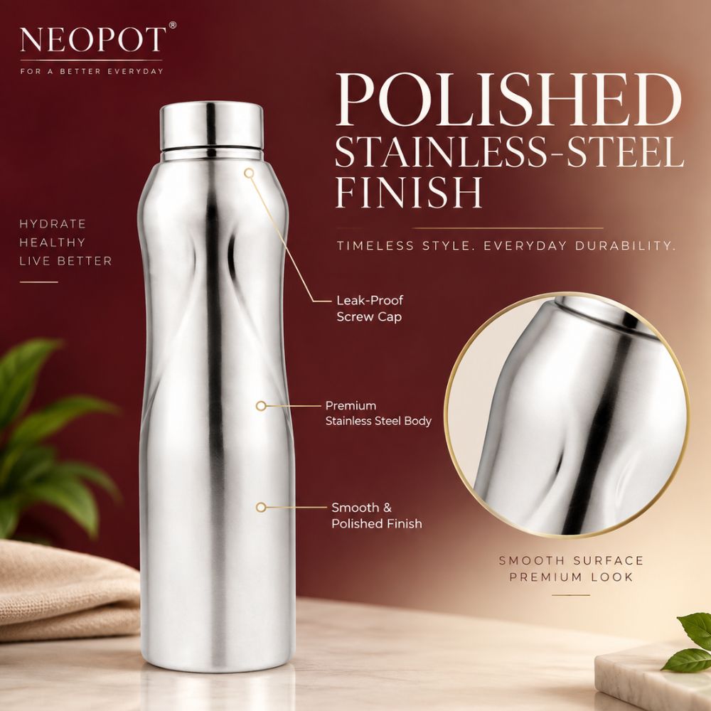 Neopot Stainless Steel Single Wall Water Bottle | Matte Finish | Silver | 1000 ml Capacity