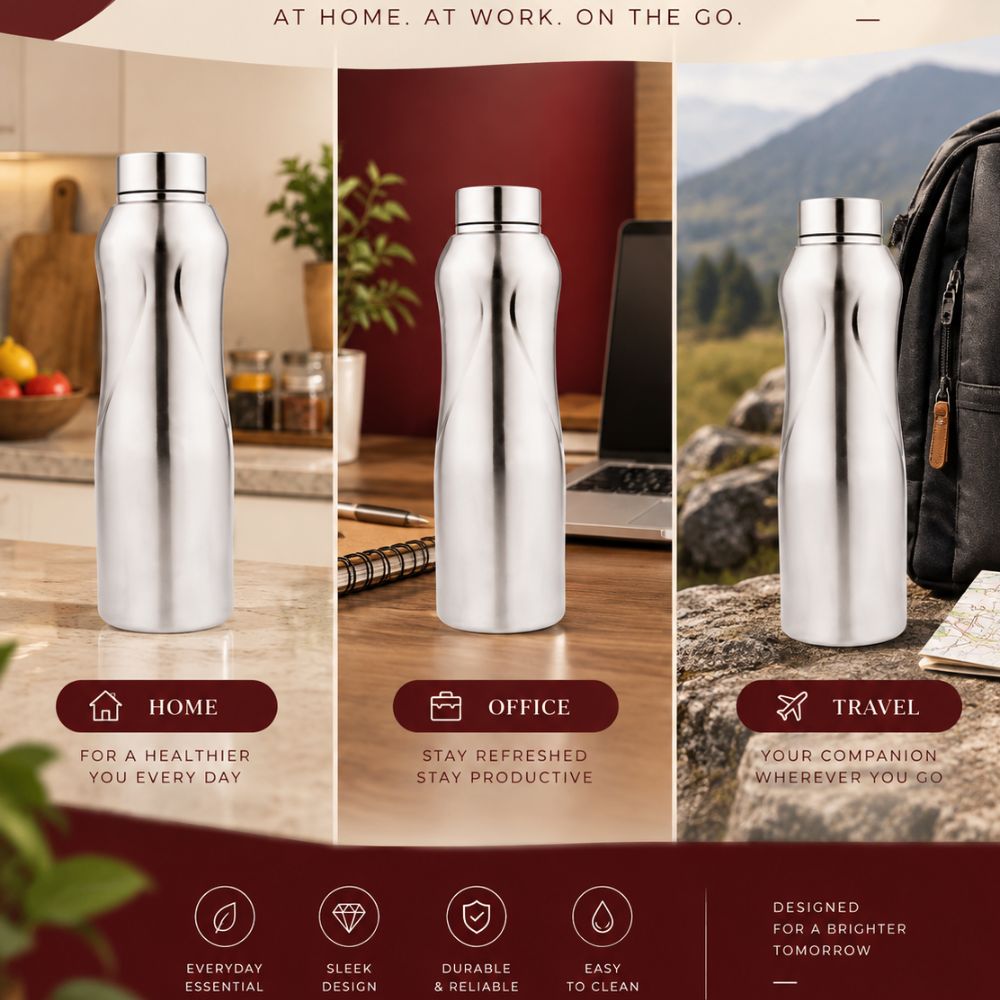 Neopot Stainless Steel Single Wall Water Bottle | Matte Finish | Silver | 1000 ml Capacity