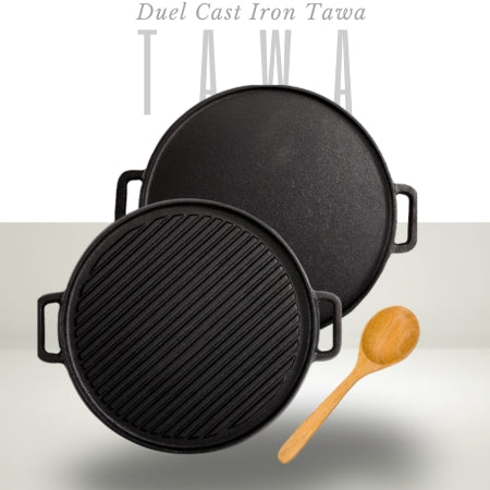 Pre-Seasoned 2 in 1 Cast Iron Dosa & Griddle Tawa 25 cm Black