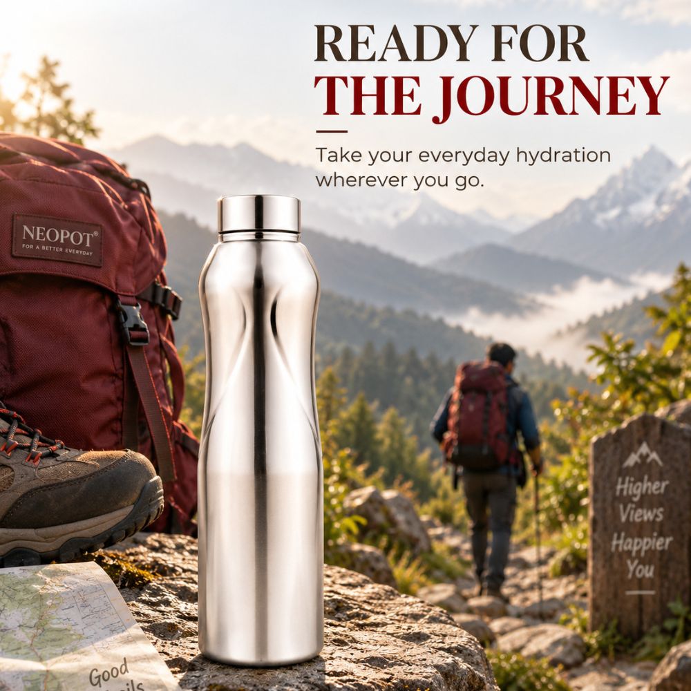 Neopot Stainless Steel Single Wall Water Bottle | Matte Finish | Silver | 1000 ml Capacity
