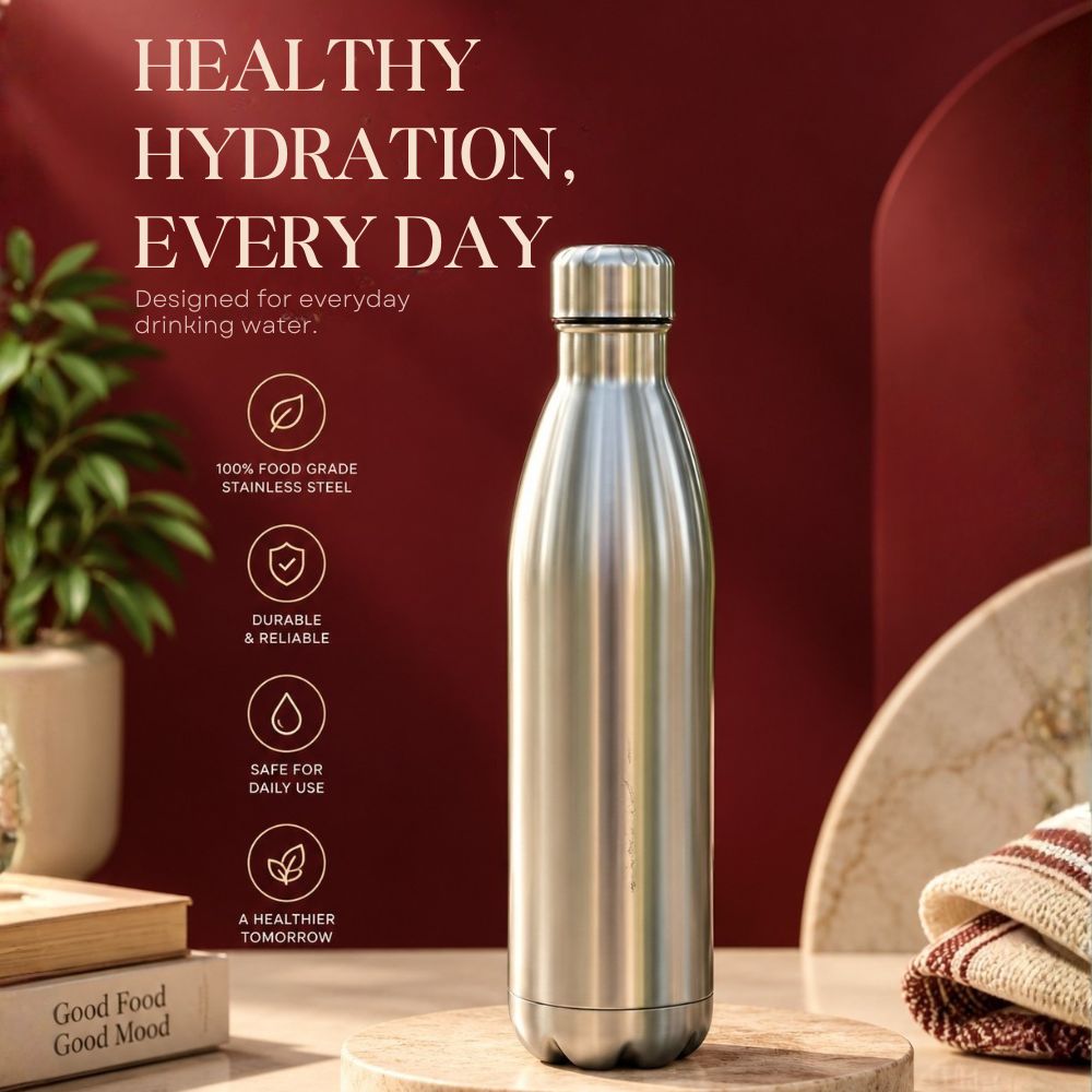 Stainless Steel Double Wall Water Bottle | Insulated, Leak-Proof & Durable Bottle for Hot & Cold Beverages | 1000 ml | Silver