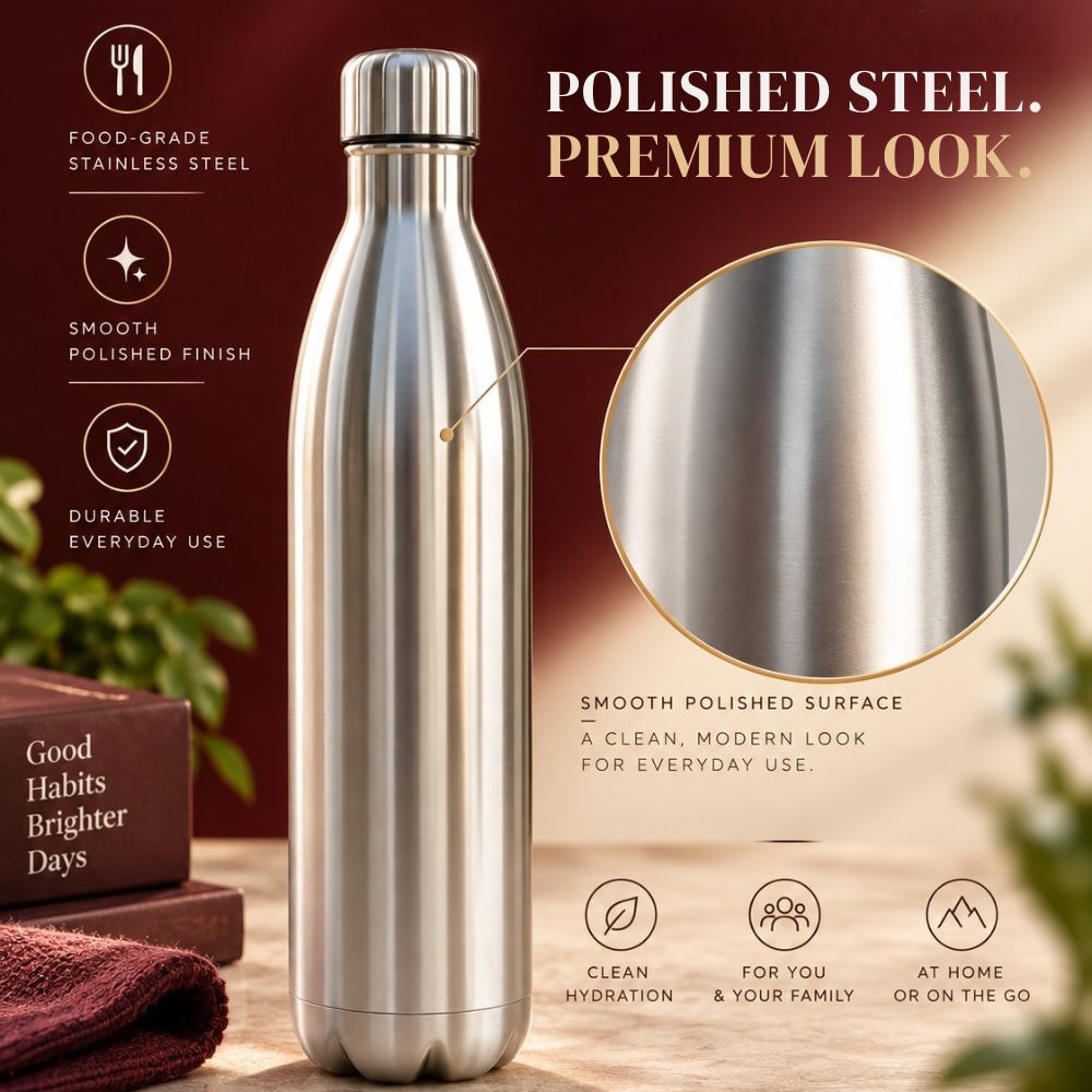Stainless Steel Double Wall Water Bottle | Insulated, Leak-Proof & Durable Bottle for Hot & Cold Beverages | 1000 ml | Silver