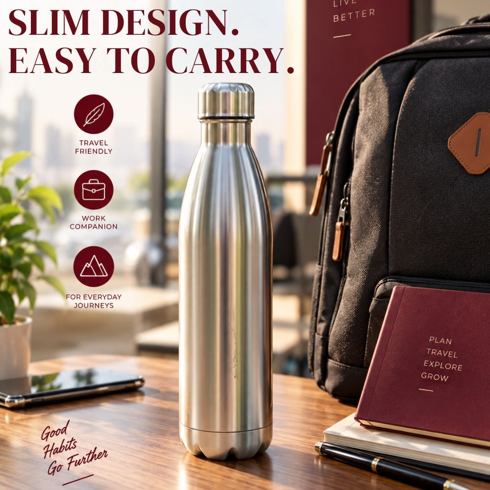 Stainless Steel Double Wall Water Bottle | Insulated, Leak-Proof & Durable Bottle for Hot & Cold Beverages | 1000 ml | Silver
