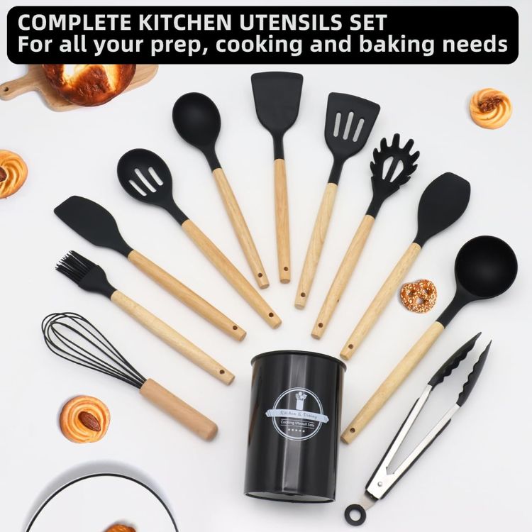12-Piece Silicone Kitchen Utensils Set with Wooden Handle