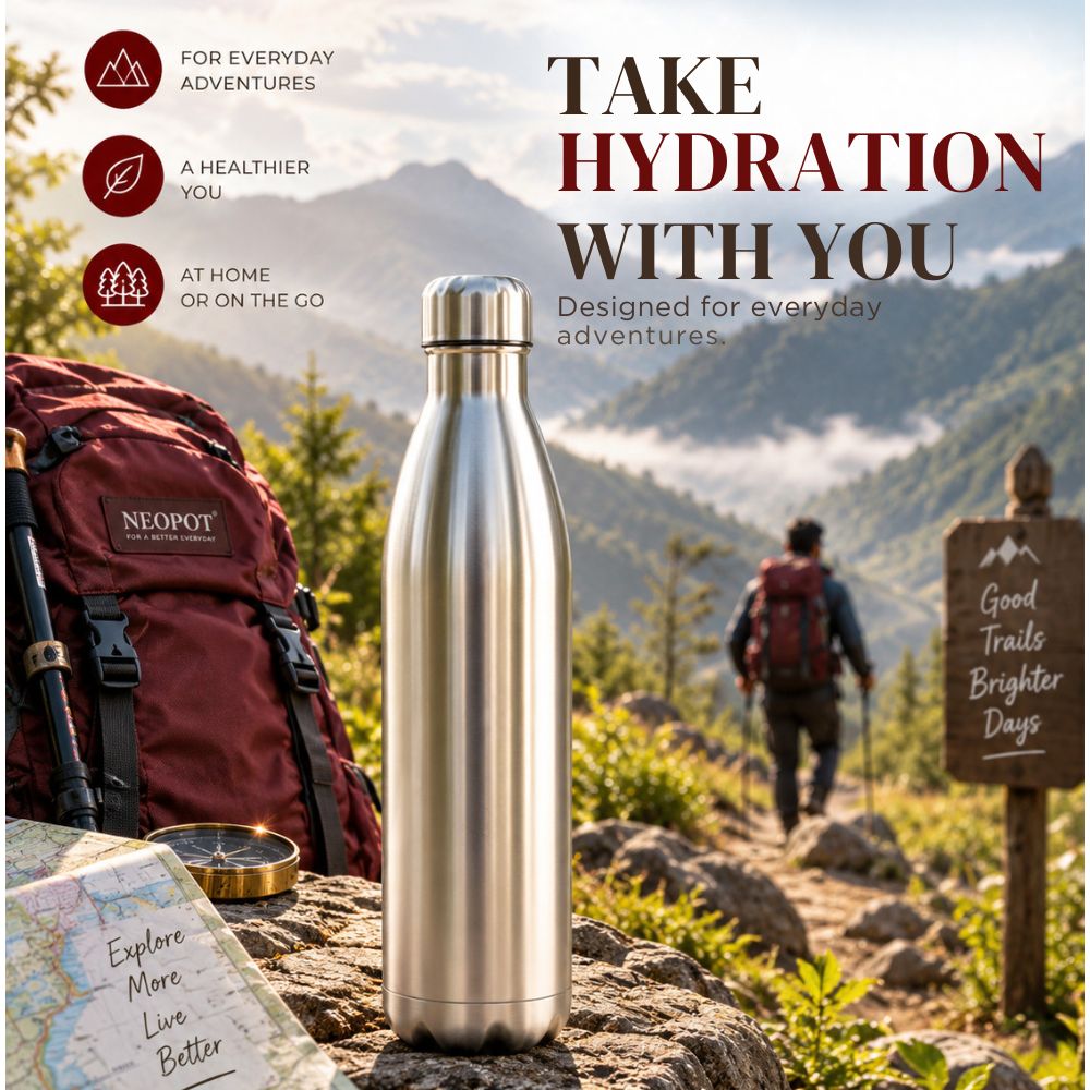 Stainless Steel Double Wall Water Bottle | Insulated, Leak-Proof & Durable Bottle for Hot & Cold Beverages | 1000 ml | Silver