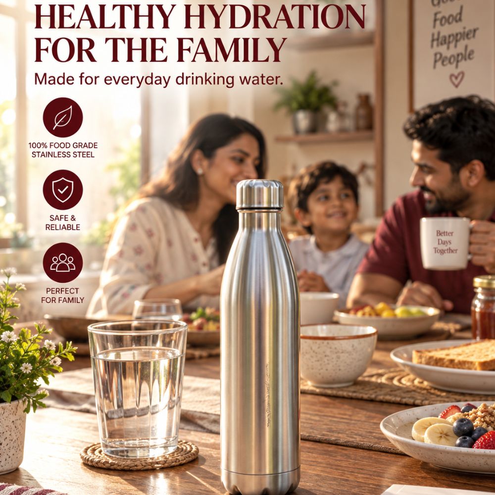 Stainless Steel Double Wall Water Bottle | Insulated, Leak-Proof & Durable Bottle for Hot & Cold Beverages | 1000 ml | Silver