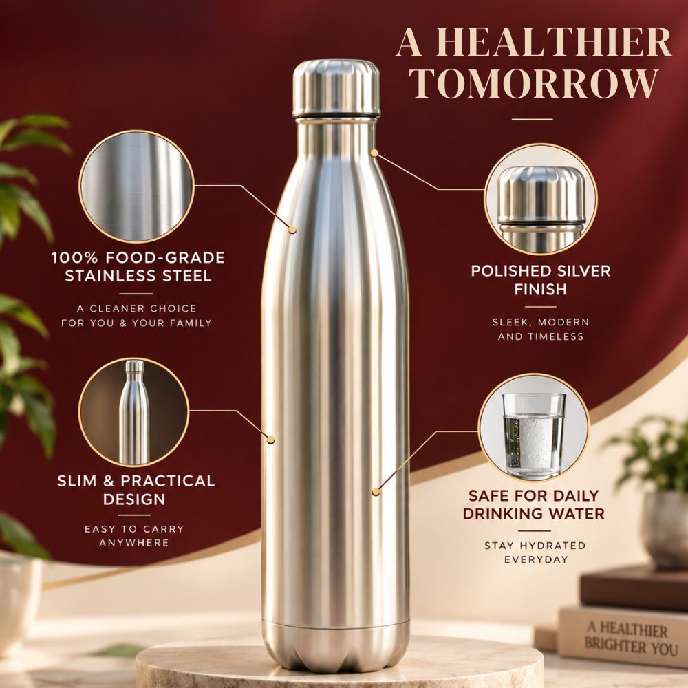 Stainless Steel Double Wall Water Bottle | Insulated, Leak-Proof & Durable Bottle for Hot & Cold Beverages | 1000 ml | Silver
