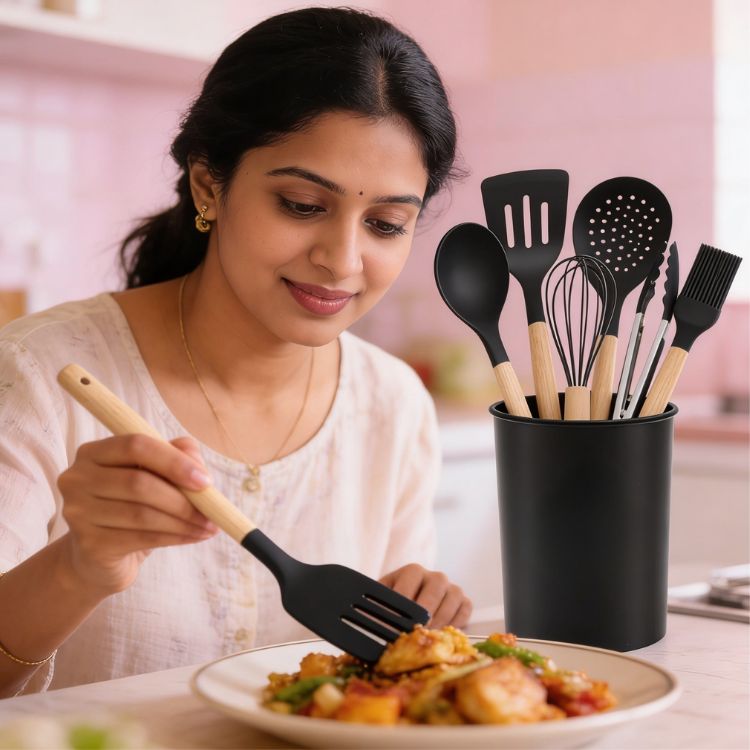 12-Piece Silicone Kitchen Utensils Set with Wooden Handle
