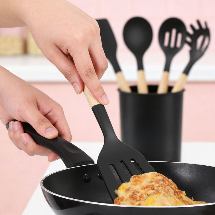 12-Piece Silicone Kitchen Utensils Set with Wooden Handle