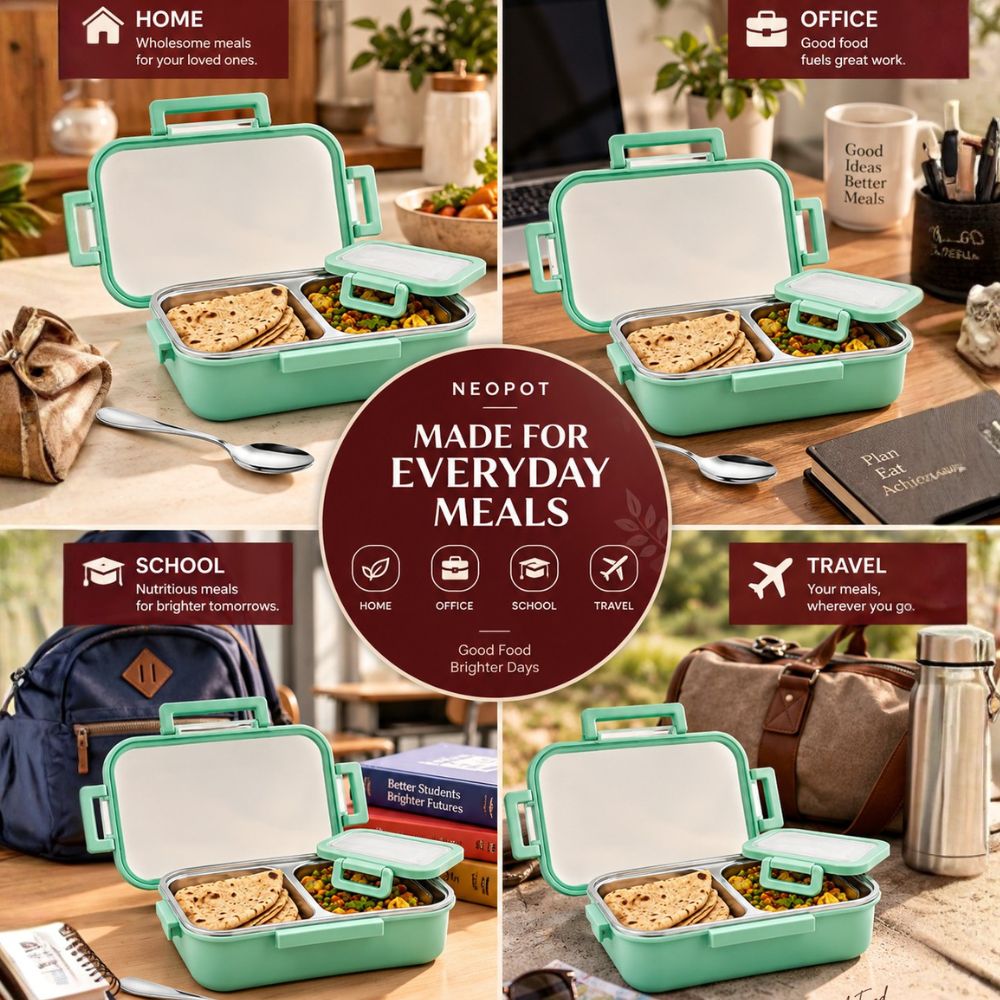 Neopot Stainless Steel Lunch Box Set | Leak-Proof & Durable Tiffin Box | 800 ml + 250 ml