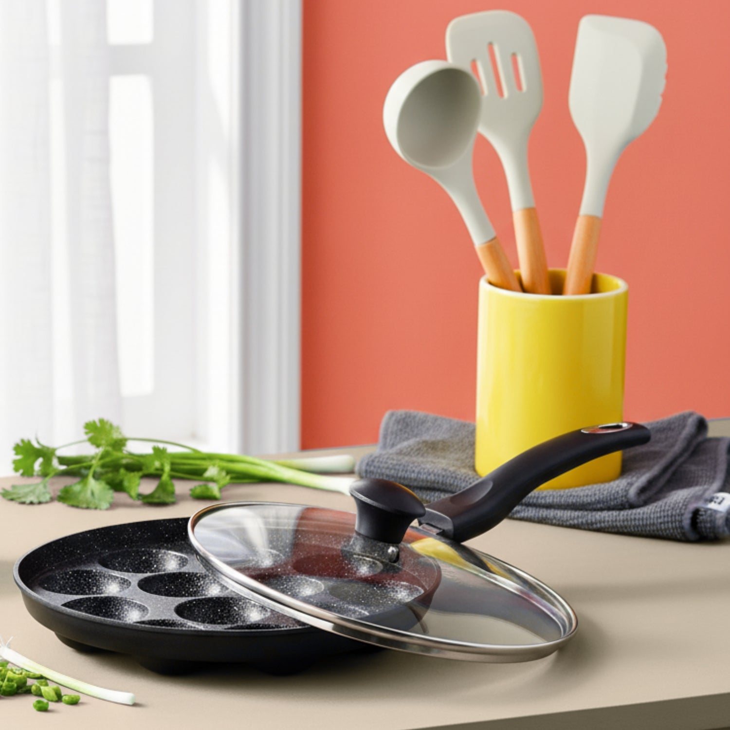 Appe Pan with Glass Lid + 3 Pcs Silicon Spatula Set + Microfiber Cloth