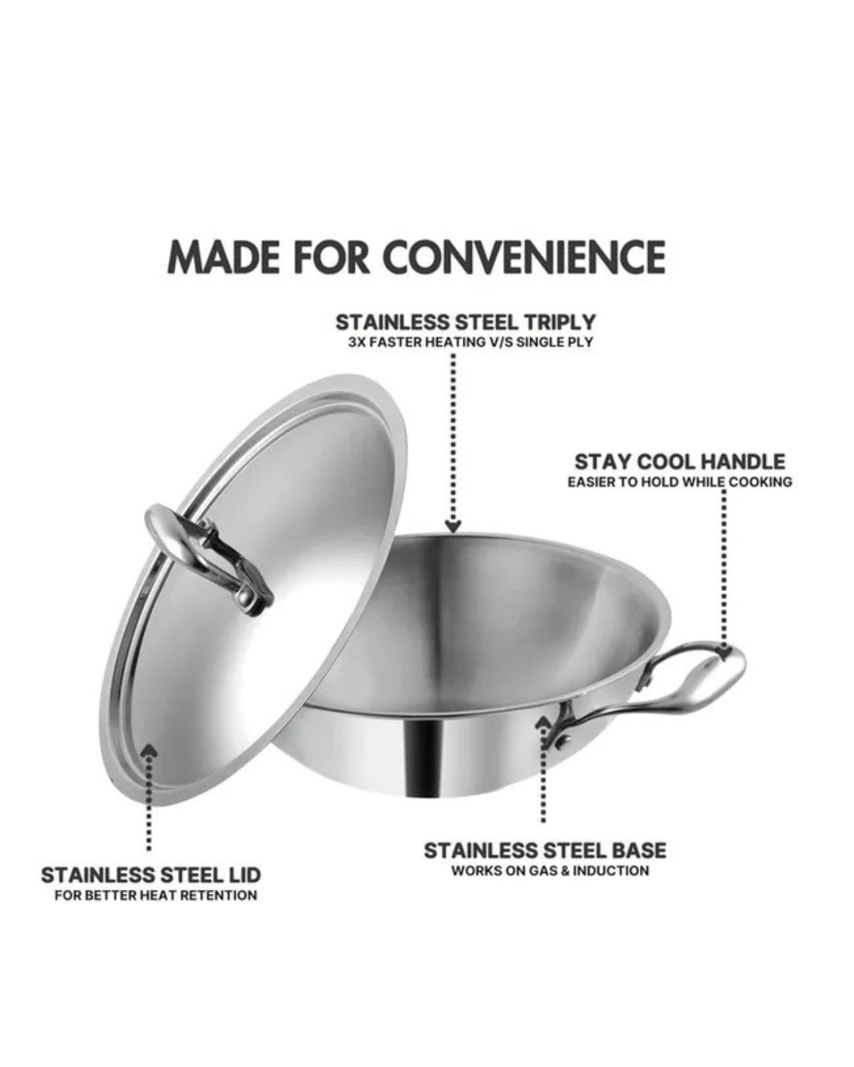 Triply Stainless Steel Kadai with Stainless Steel Lid 3.2 litres