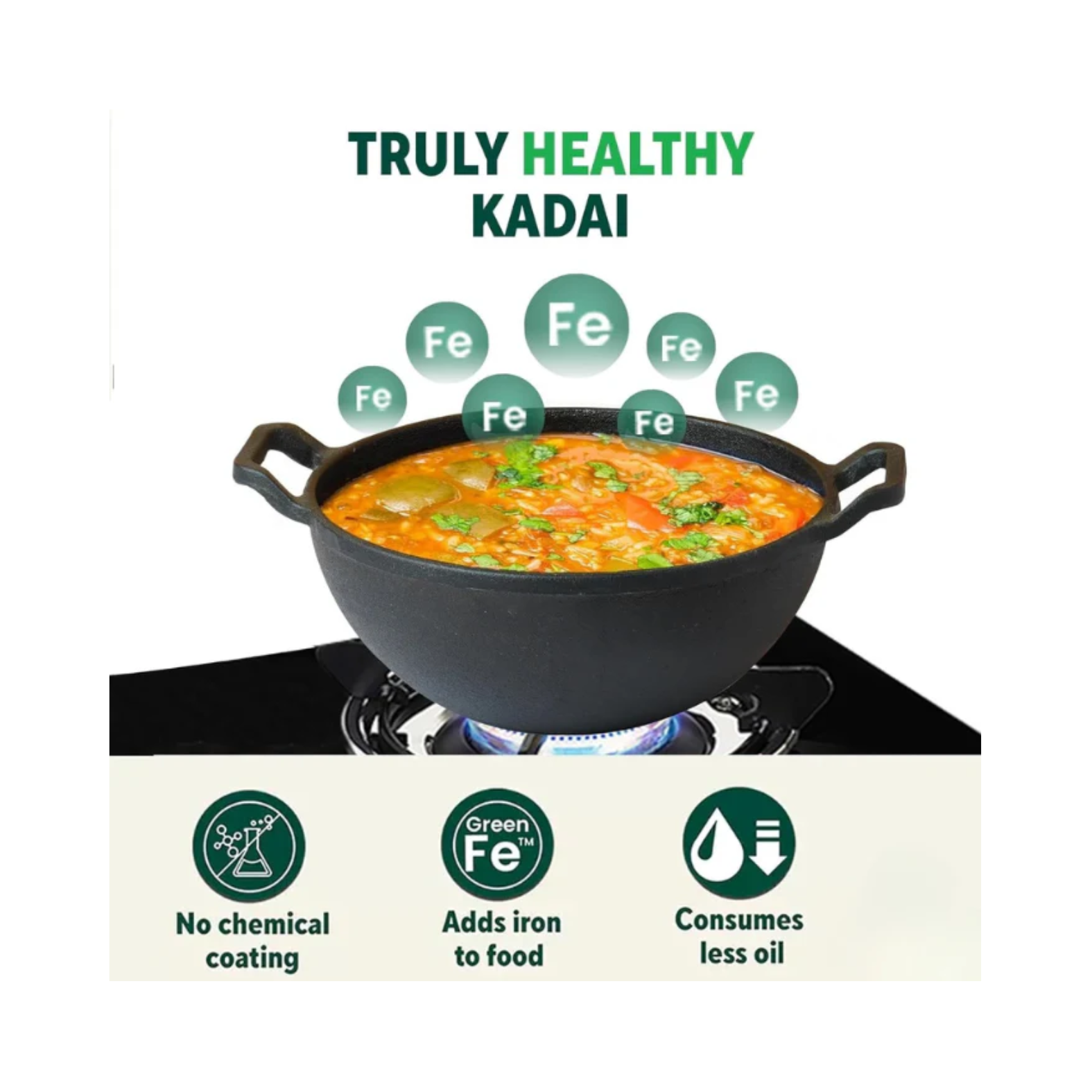 Pre-Seasoned Cast Iron Kadai with Flat Handles