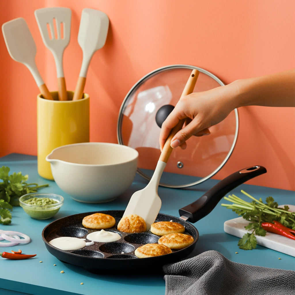 Appe Pan with Glass Lid + 3 Pcs Silicon Spatula Set + Microfiber Cloth