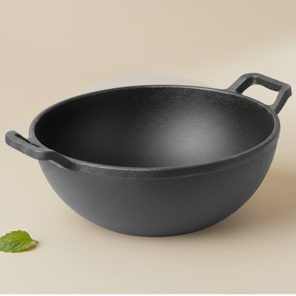 Pre-Seasoned Cast Iron Kadai with Flat Handles