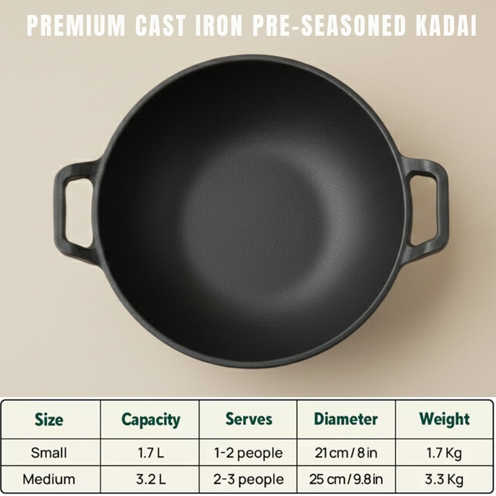 Pre-Seasoned Cast Iron Kadai with Flat Handles