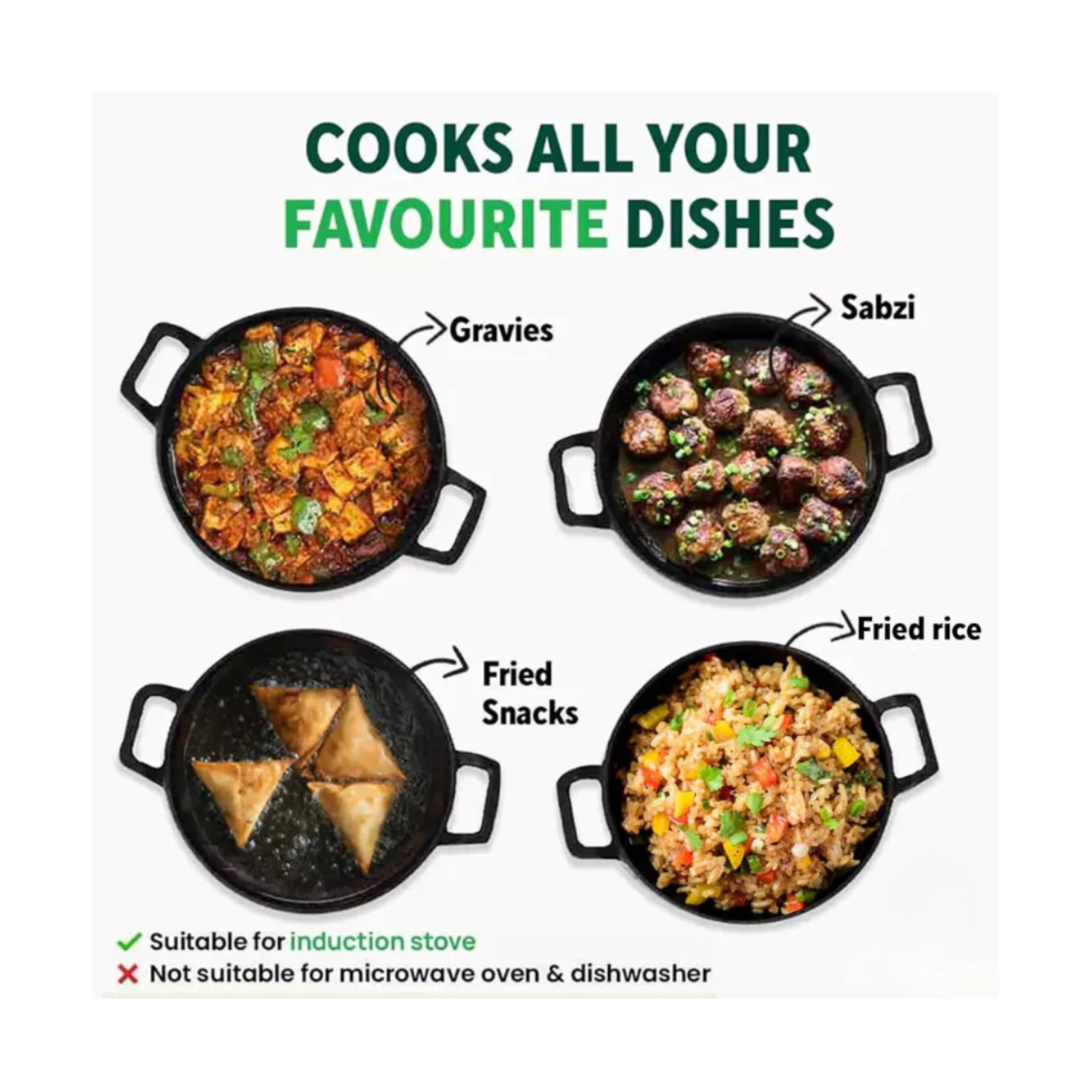 Pre-Seasoned Cast Iron Kadai with Flat Handles