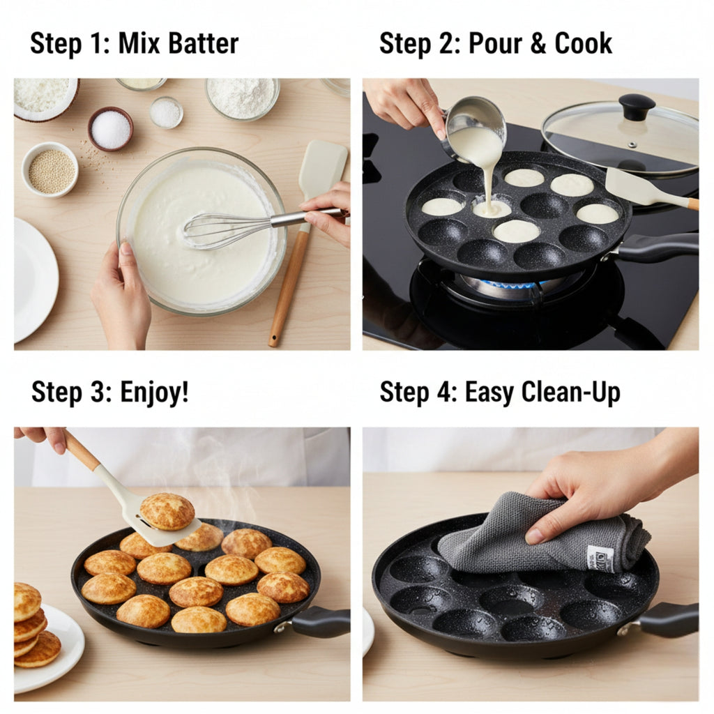 Appe Pan with Glass Lid + 3 Pcs Silicon Spatula Set + Microfiber Cloth