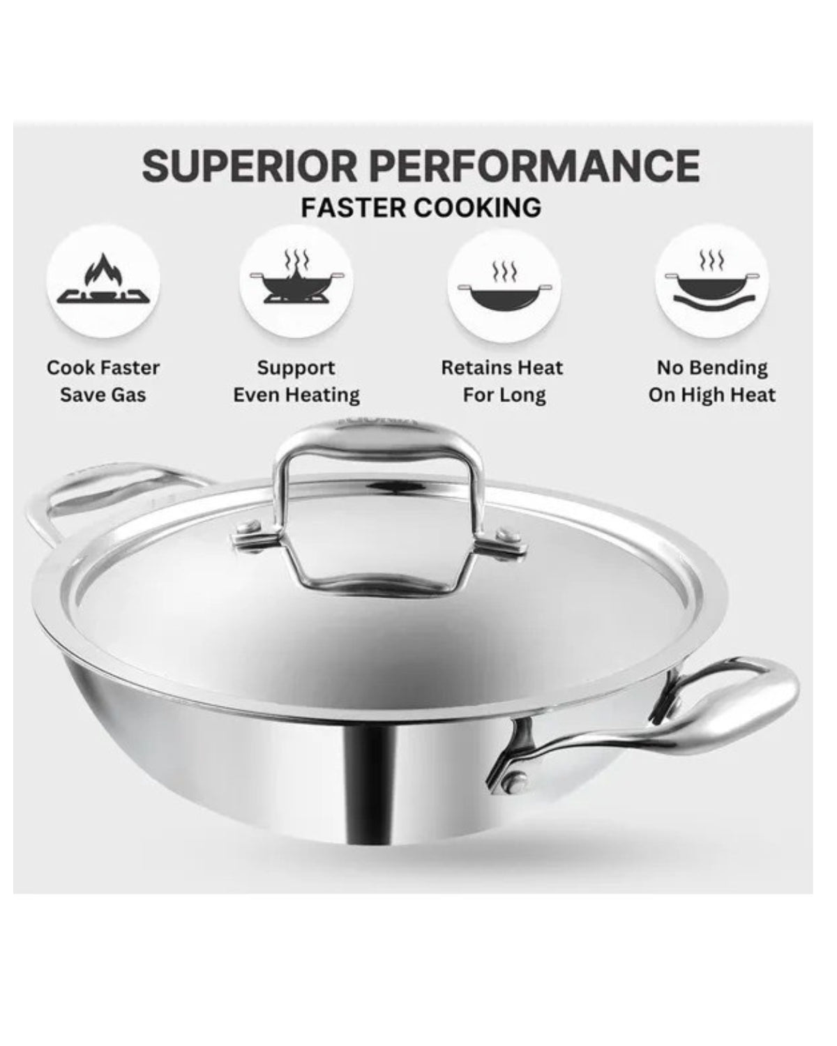 Triply Stainless Steel Kadai with Stainless Steel Lid 3.2 litres