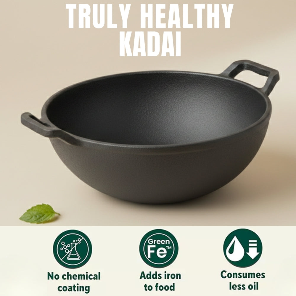 Pre-Seasoned Cast Iron Kadai with Flat Handles