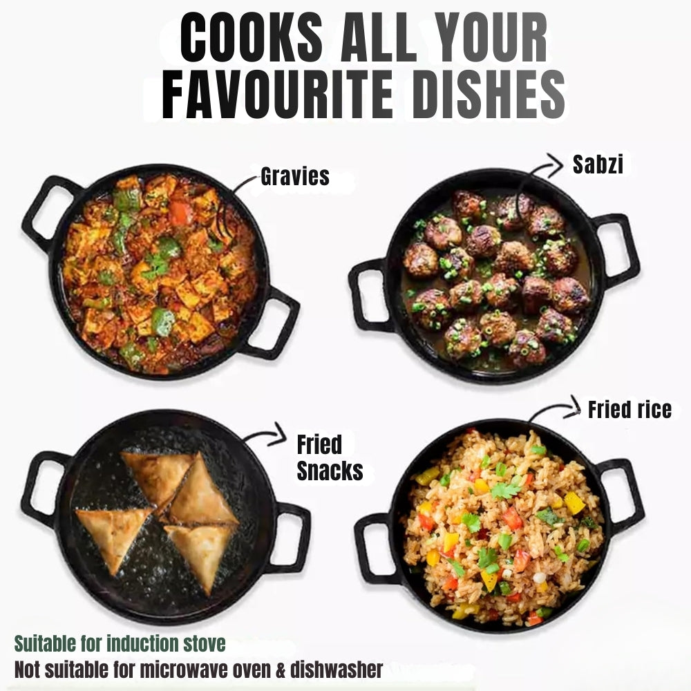 Pre-Seasoned Cast Iron Kadai with Flat Handles