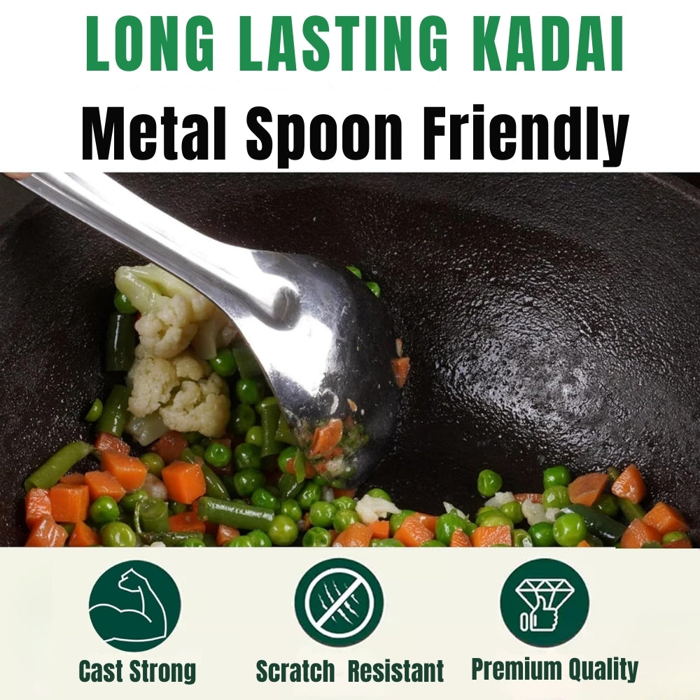 Pre-Seasoned Cast Iron Kadai with Flat Handles