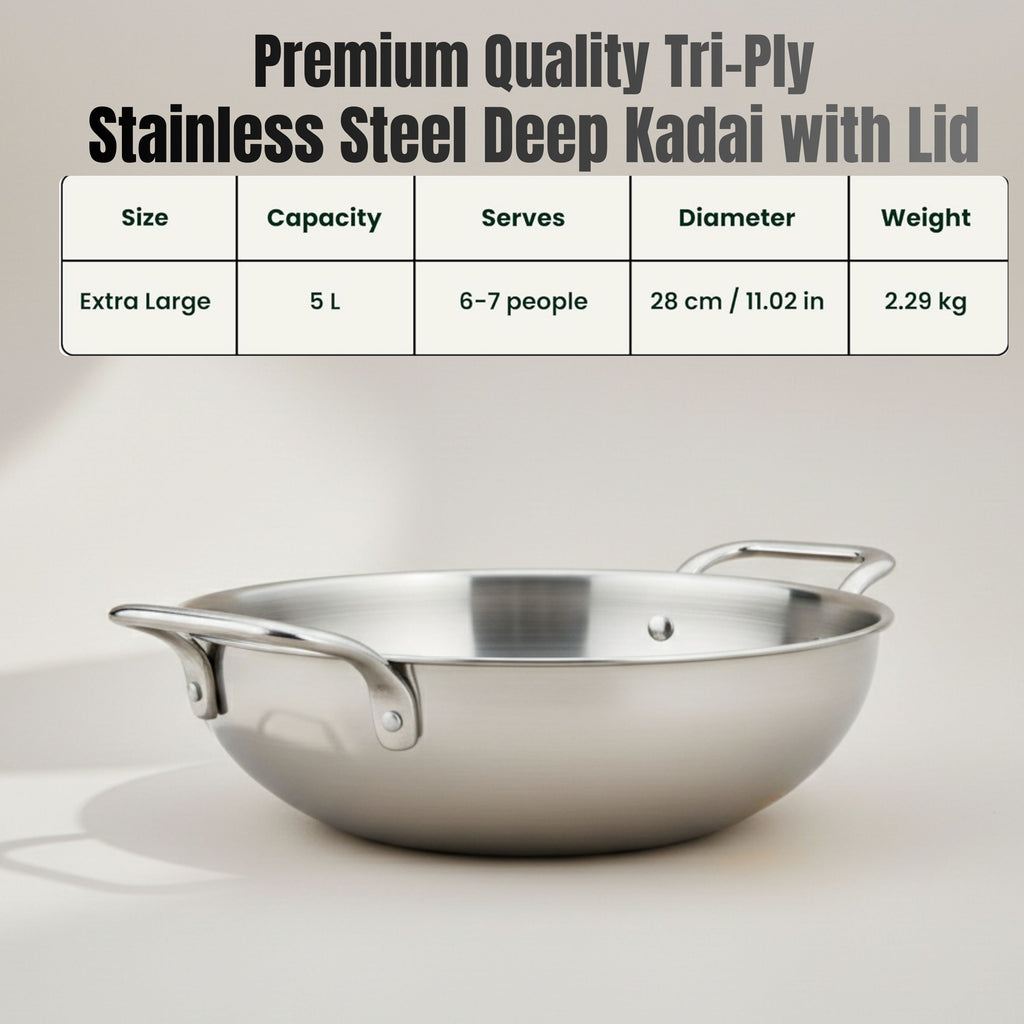 Triply Stainless Steel Kadai with Stainless Steel Lid 3.2 litres
