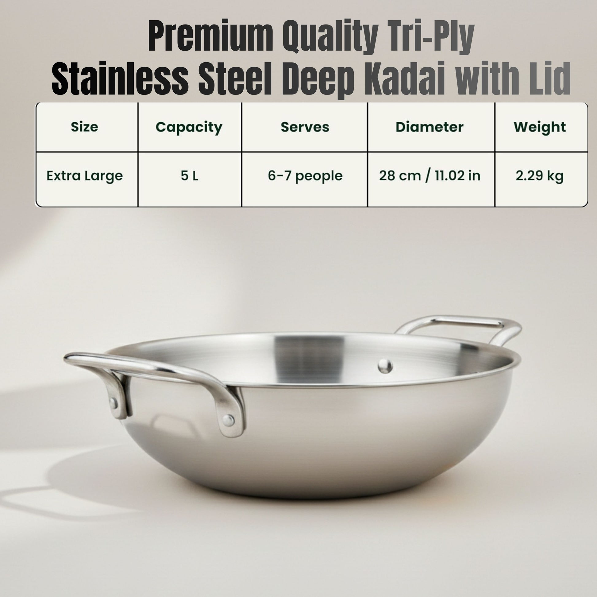 Triply Stainless Steel Kadai with Stainless Steel Lid 3.2 litres