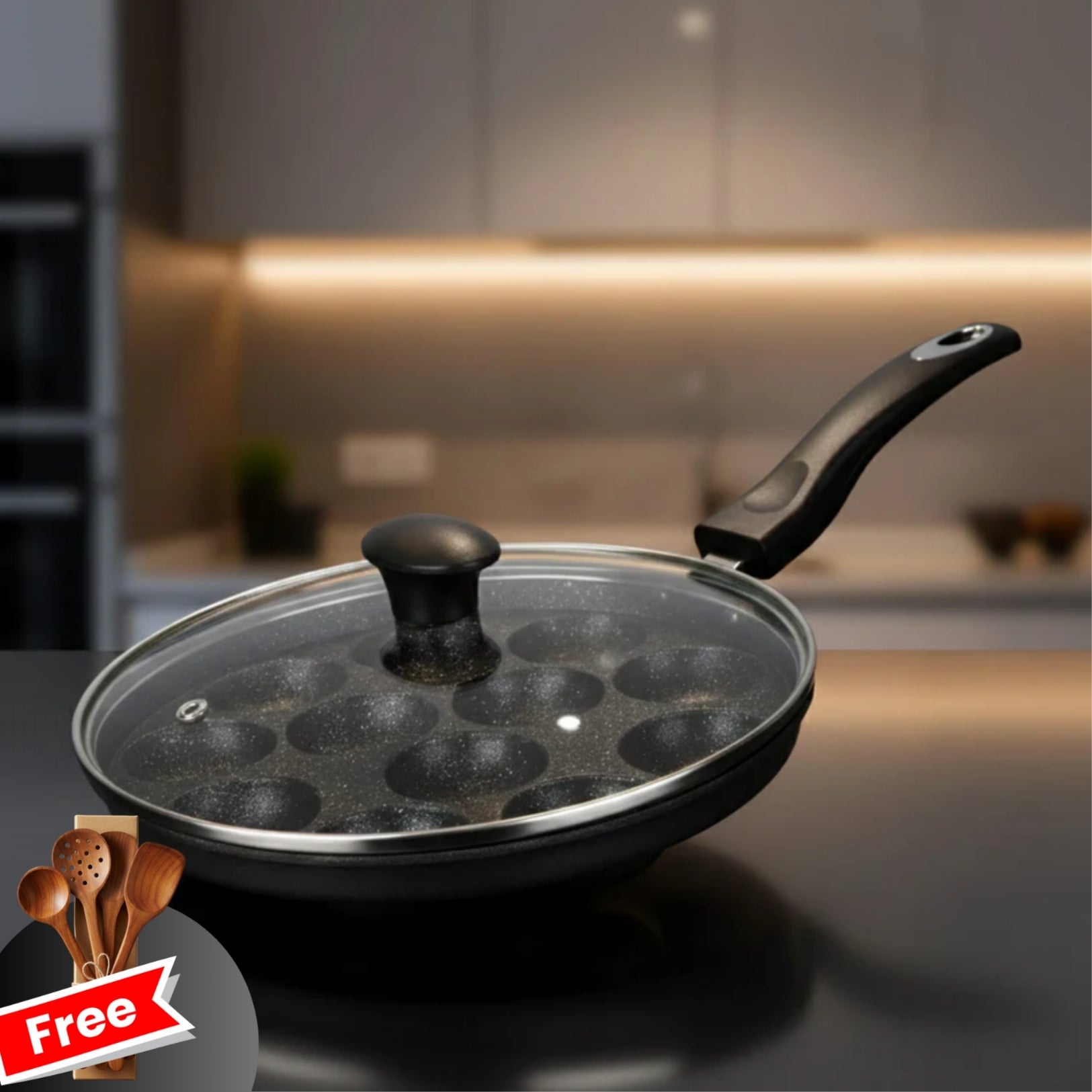 Appe | Litti | Muffins Pan with Glass Lid  ( Oil FREE Cooking )