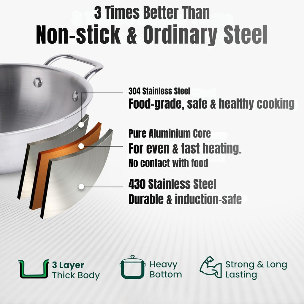 Triply Stainless Steel Kadai with Stainless Steel Lid 3.2 litres
