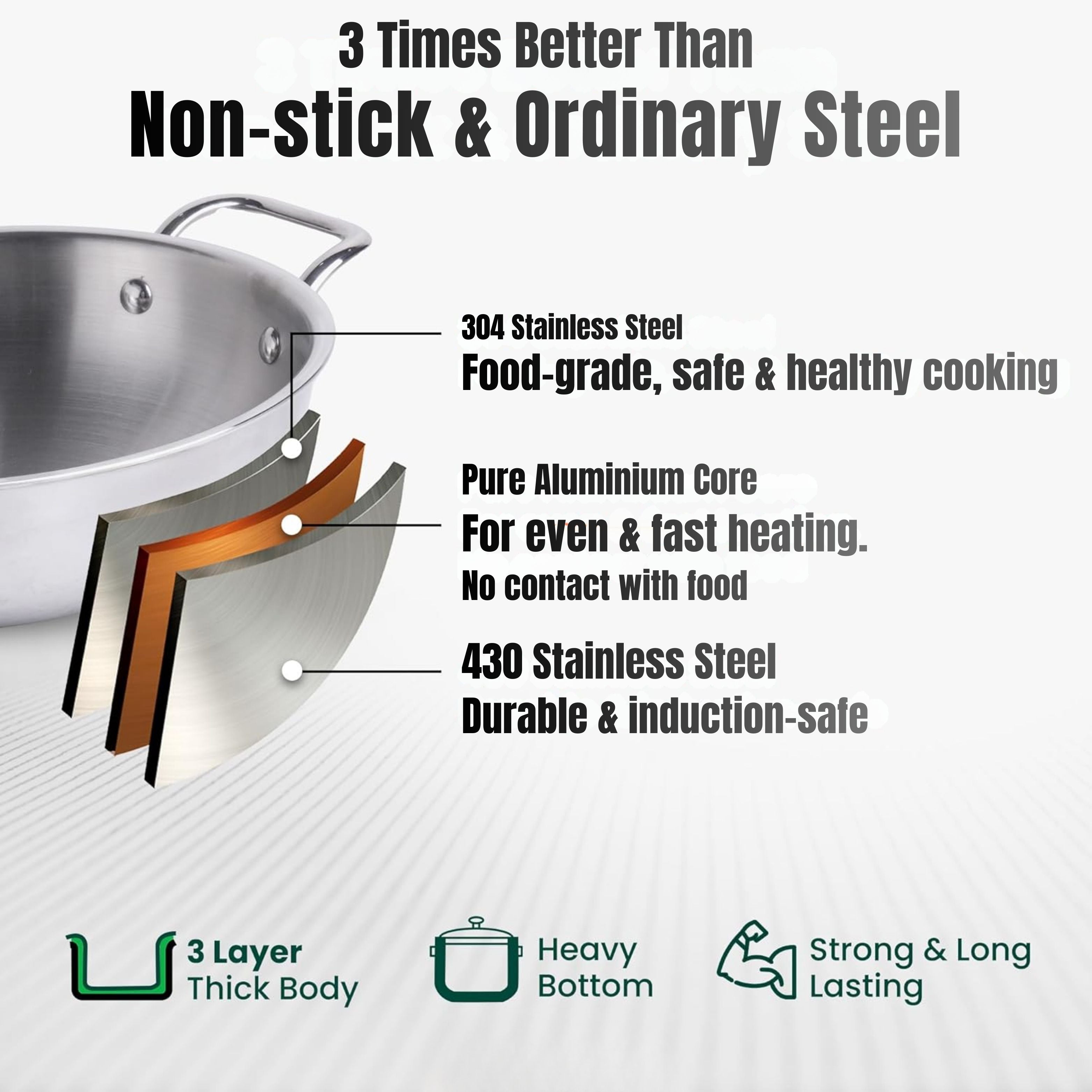 Triply Stainless Steel Kadai with Stainless Steel Lid 3.2 litres