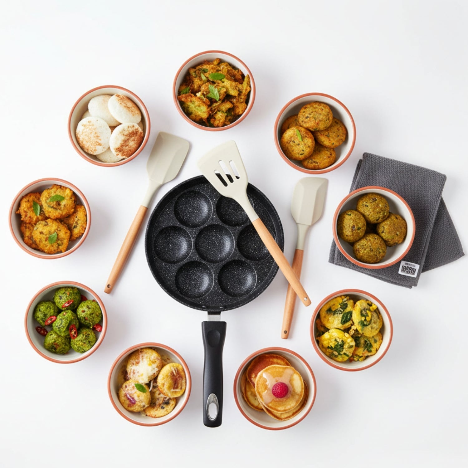 Appe Pan with Glass Lid + 3 Pcs Silicon Spatula Set + Microfiber Cloth