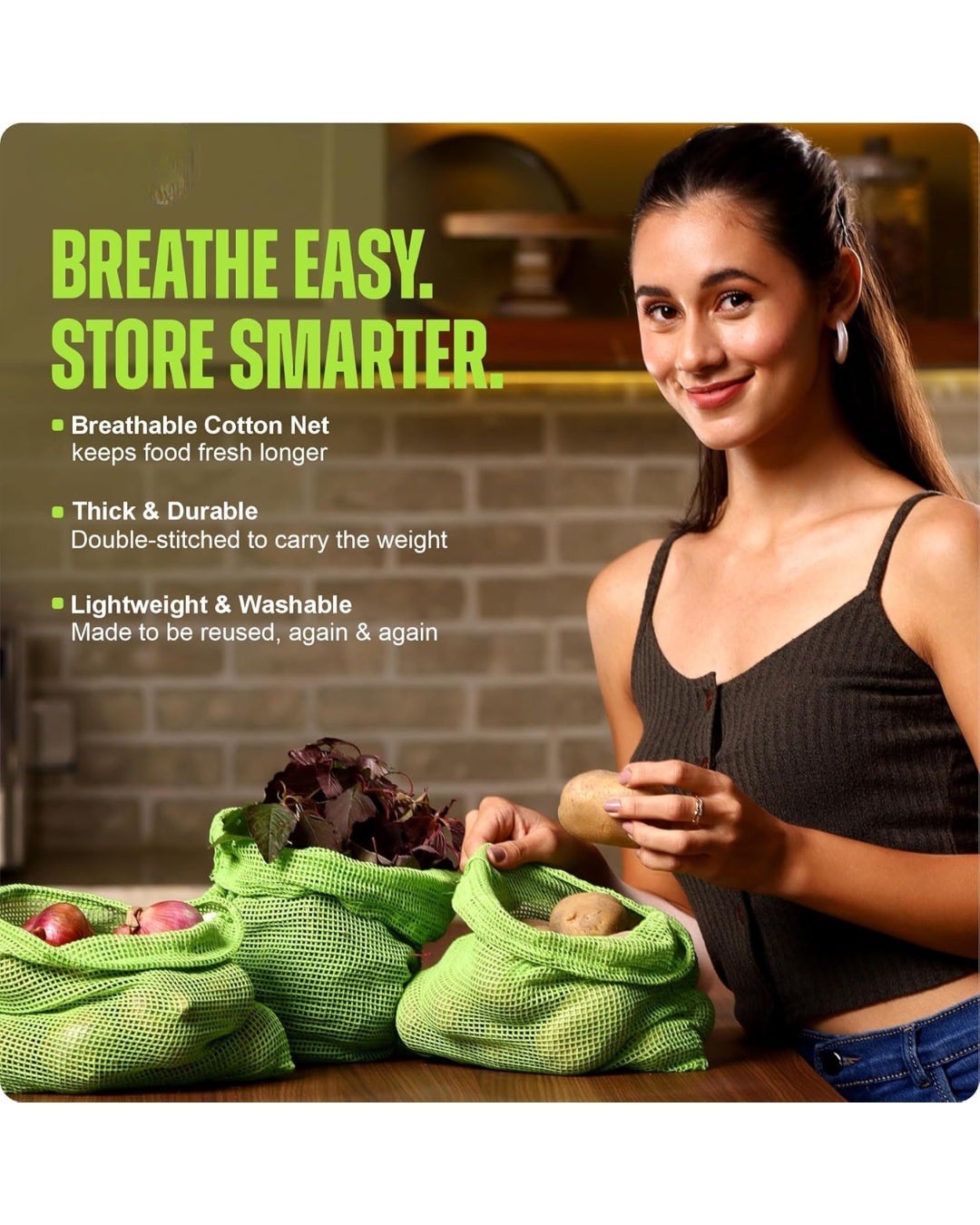 Cotton Vegetable Bags for Fridge Storage (Pack of 6)