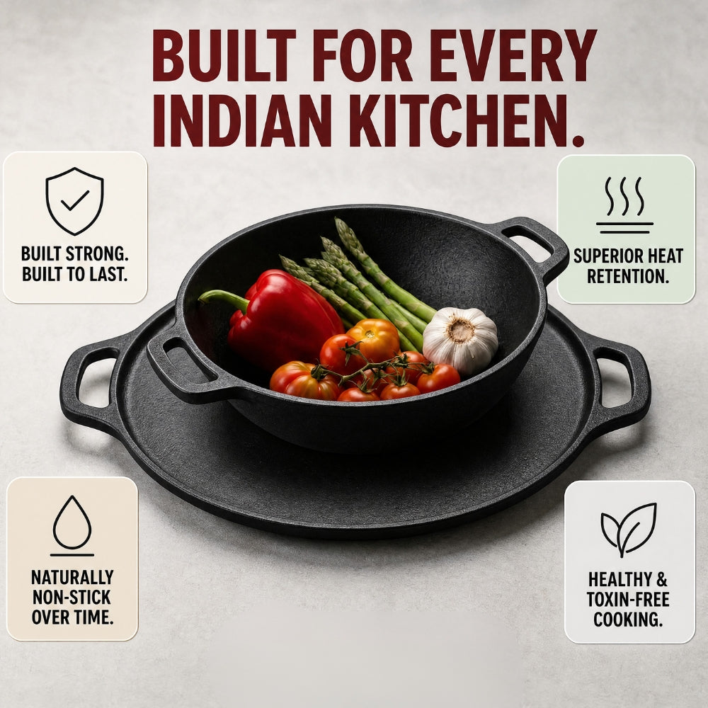 3 Peice Iron Combo - (2 Kadai + 1 Dosa Tawa)