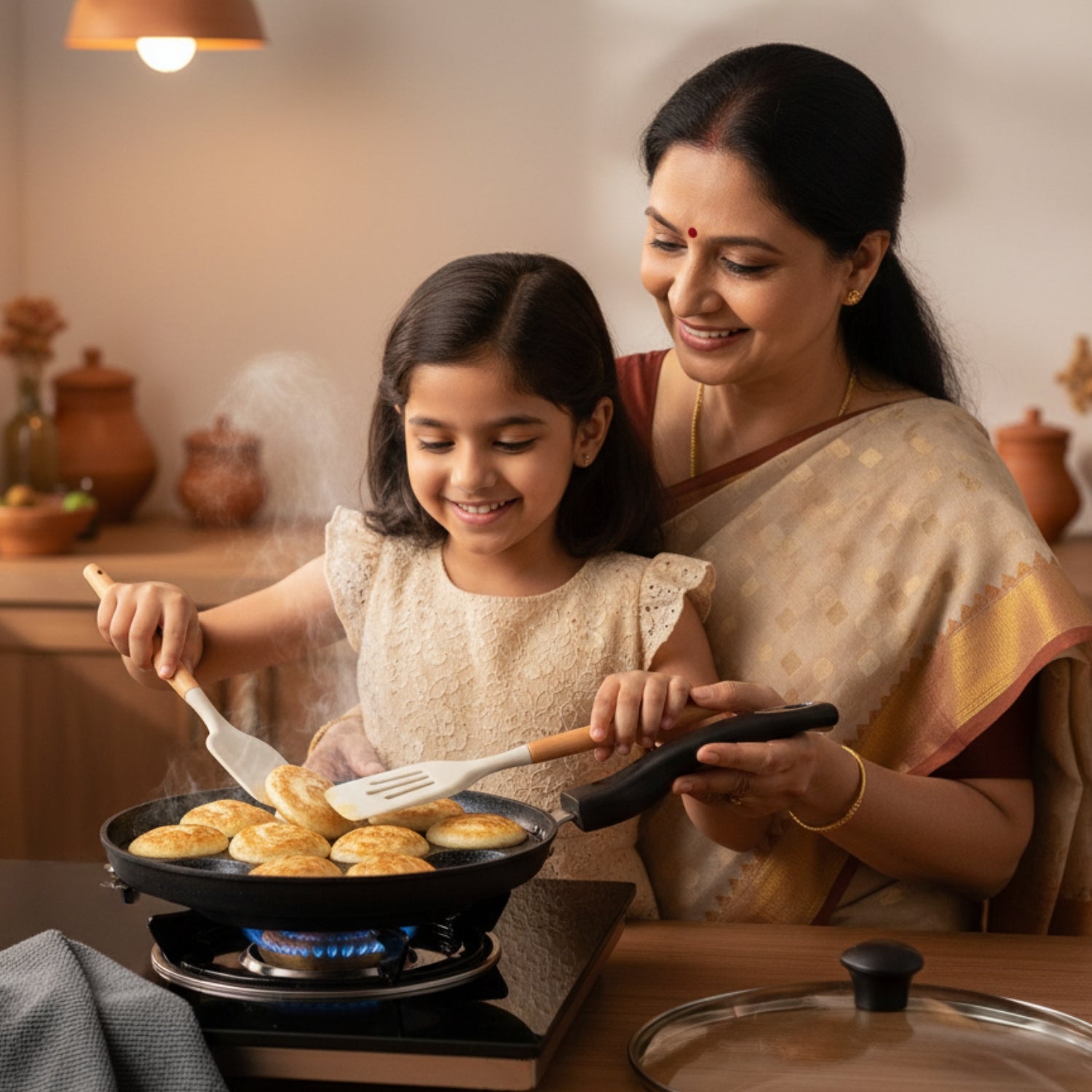 Appe Pan with Glass Lid + 3 Pcs Silicon Spatula Set + Microfiber Cloth