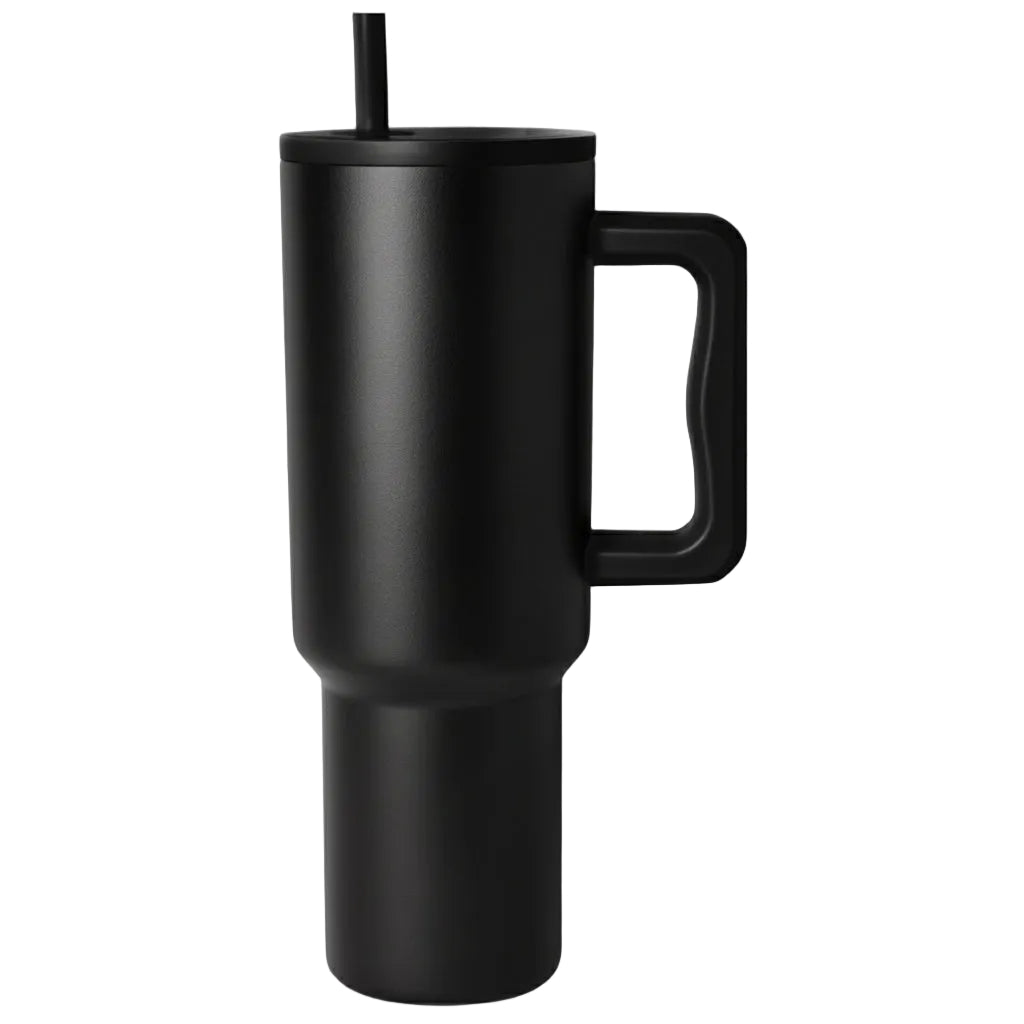 Black insulated travel mug with handle on a white background