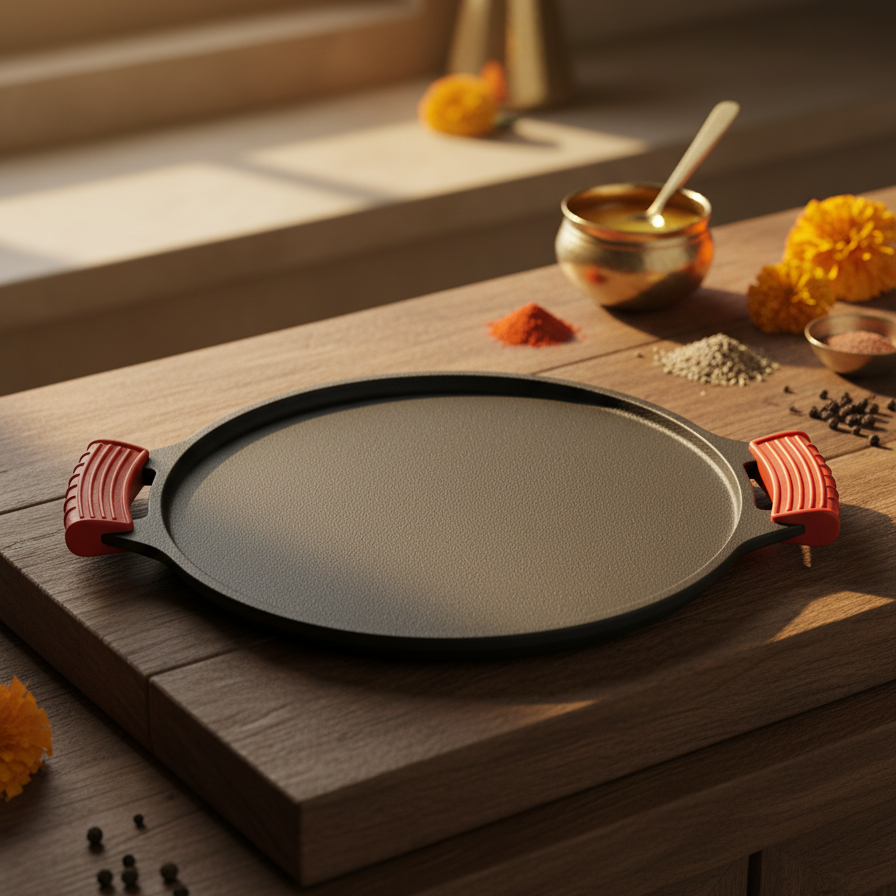 Pre-Seasoned Cast Iron Dosa Tawa + 2 Silicon Grip