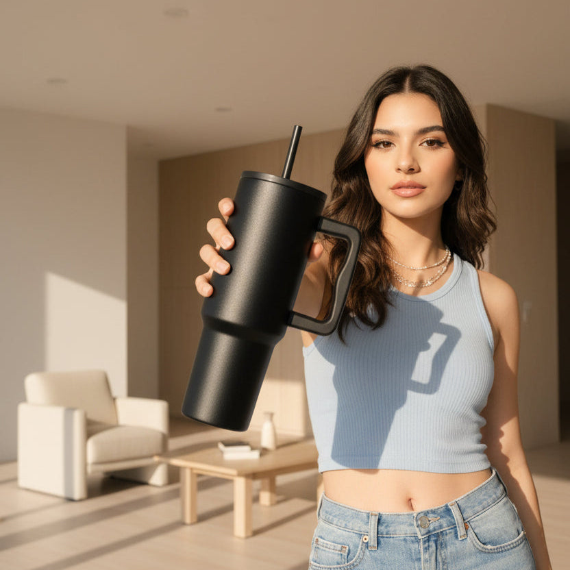 Tumbler 1200ML Steel Straw with Straw Cap and Cleaner Unisex (BLACK)
