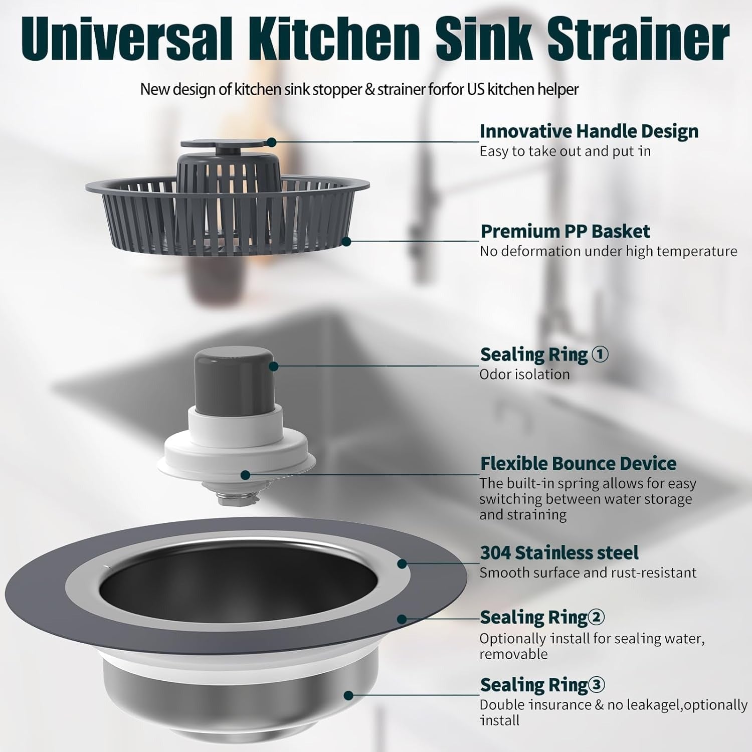 3 in 1 Kitchen Sink Drain Strainer Stopper