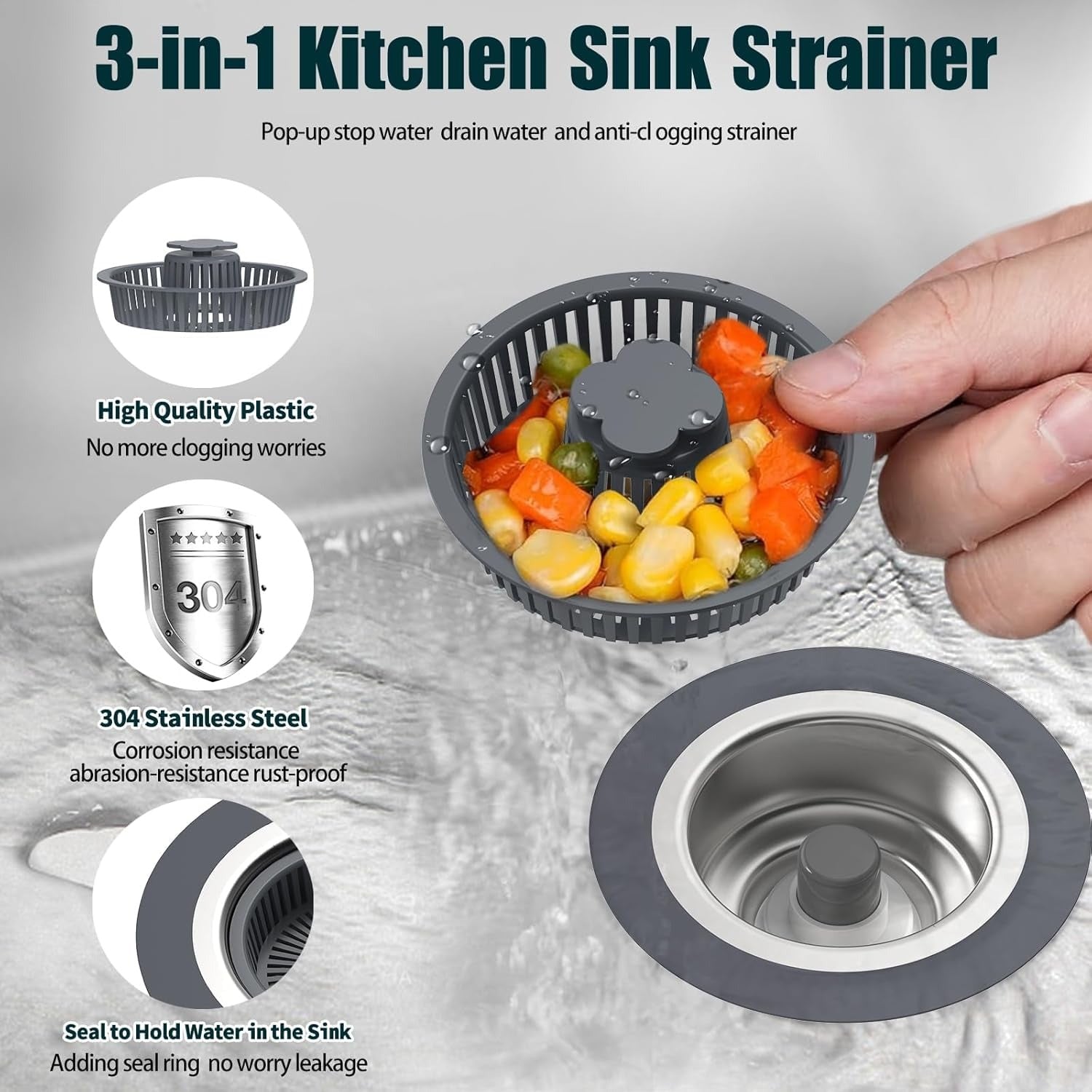 3 in 1 Kitchen Sink Drain Strainer Stopper